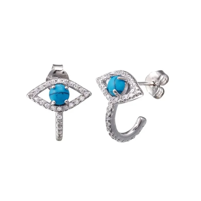 Pendiente de ojo turco con circonita cúbica transparente y turquesa en plata de ley 925 rodiada – BGE00724