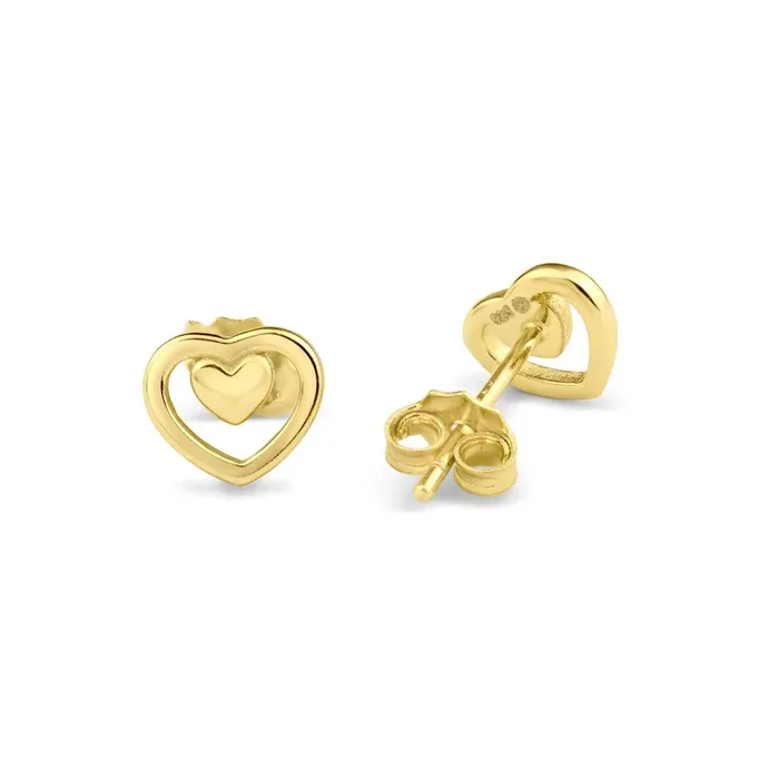 Pendiente de plata de ley 925 bañado en oro con dos corazones y circonitas transparentes – BGE00732