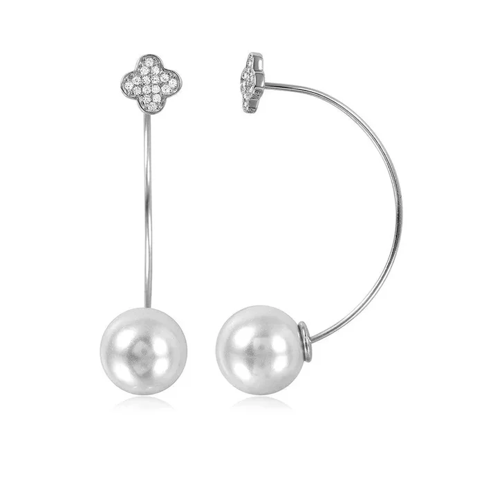 Pendiente de Trébol de Plata de Ley Rodiada con Perla Sintética Colgante – STE01048