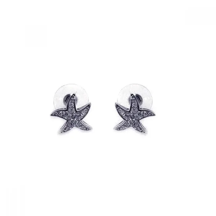 Pendiente de tuerca con circonita cúbica de estrella de mar ondulada transparente bañada en rodio de plata 925 – BGE00006