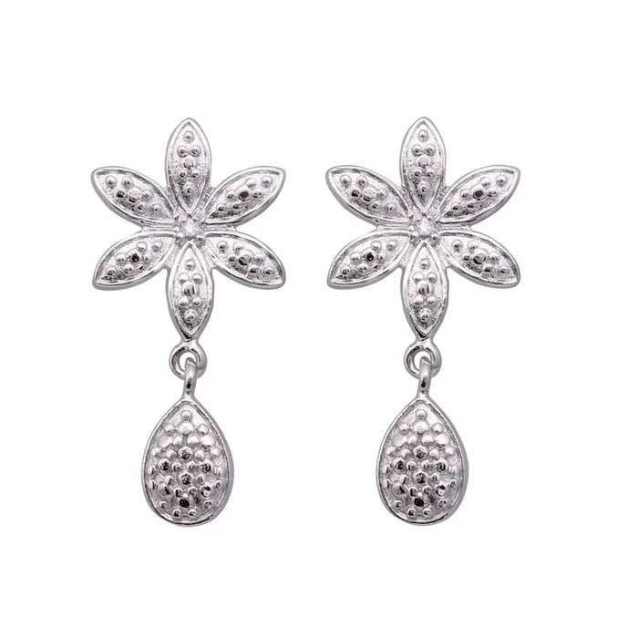 Pendientes colgantes con circonita cúbica y flor ovalada redonda chapada en rodio de plata 925 – STE00459