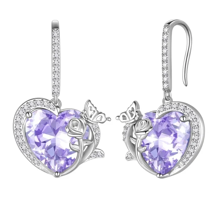 Pendientes colgantes con piedra de nacimiento de junio para mujer, corazón, alejandrita, mariposa, rosa, joyería de plata de ley 925, pendientes de gancho, regalo de cumpleaños y día de la madre.