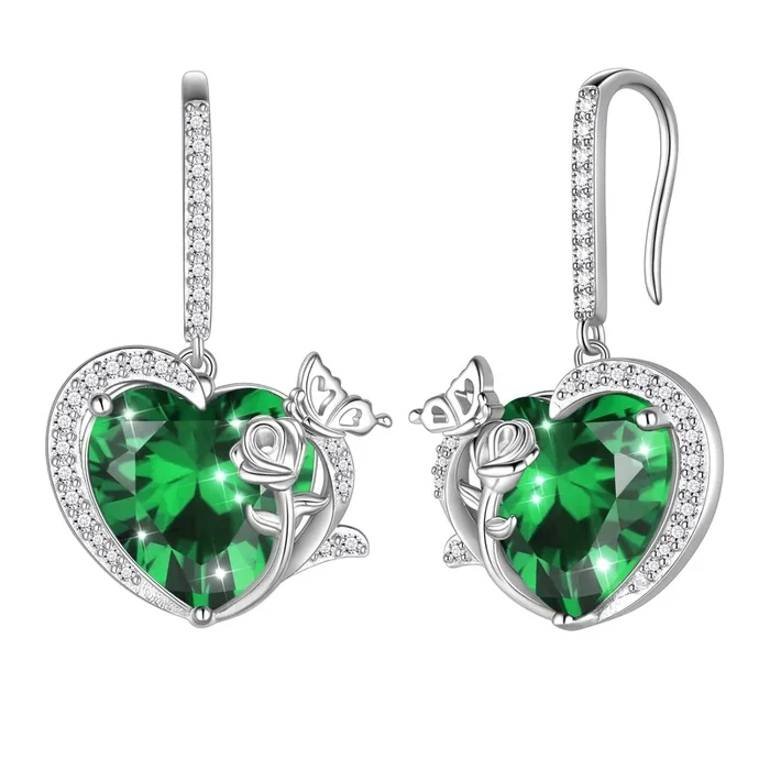 Pendientes colgantes con piedra de nacimiento de mayo para mujer, diseño de corazón, verde esmeralda, mariposa y rosa, de plata de ley 925, ideal como regalo de cumpleaños o día de la madre.
