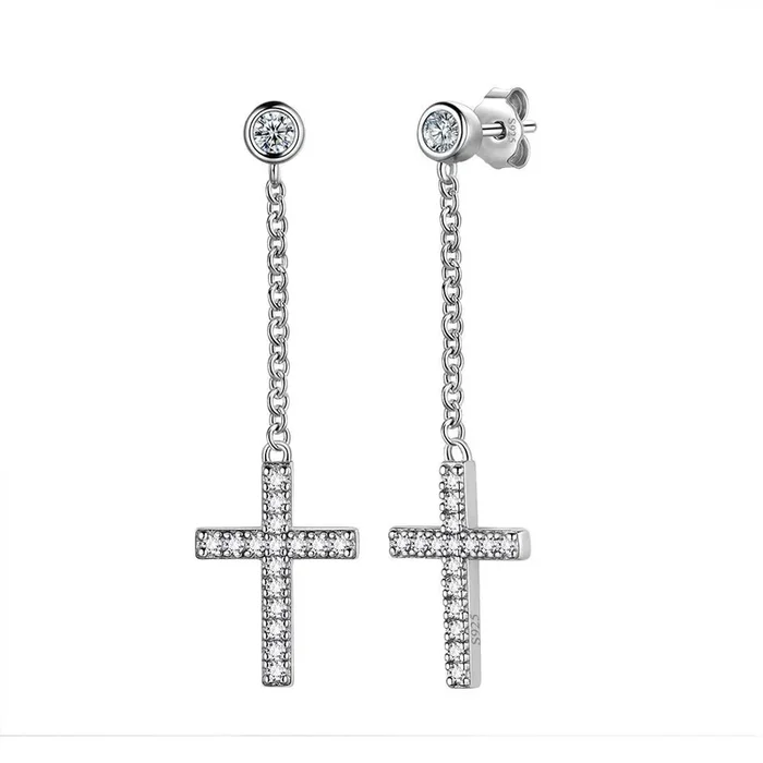 Pendientes colgantes de cruz pequeños clásicos para mujer y hombre, joyería de plata de ley