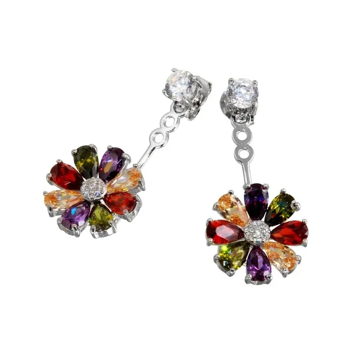 Pendientes colgantes de girasol multicolor en plata de ley 925 rodiada con detalle de girasol – BGE00553