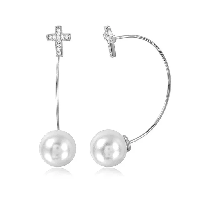Pendientes Cruz Plata 925 Rodiada con Perla Sintética Colgante – STE01047