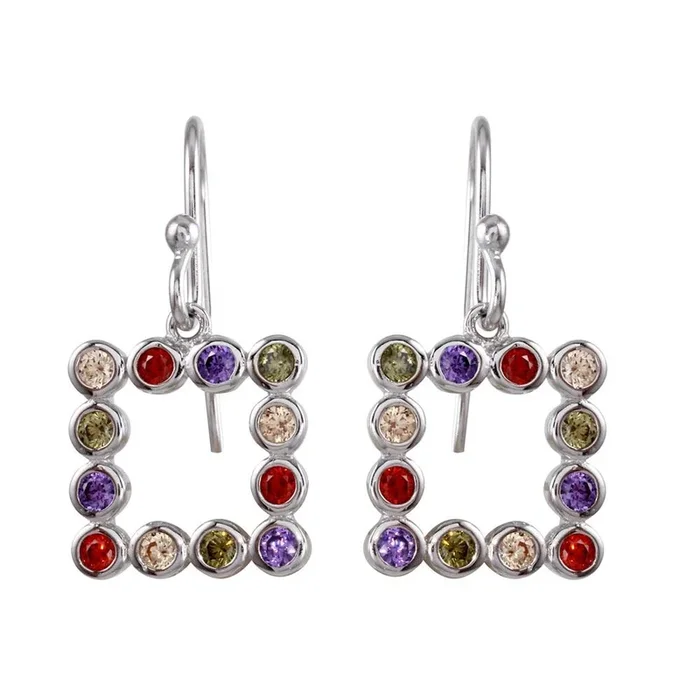 Pendientes cuadrados abiertos con circonitas multicolores en plata de ley 925 rodiada – STE01139
