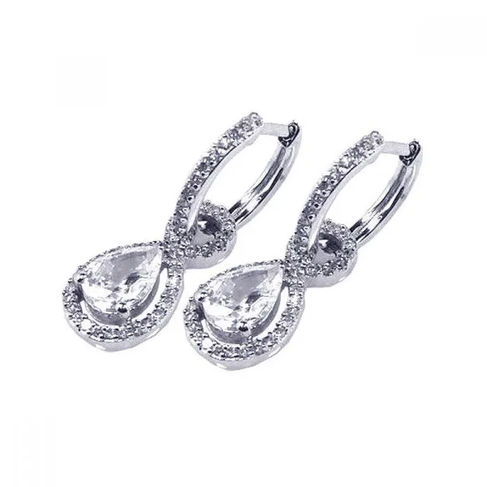 Pendientes de aro colgantes con circonita cúbica en forma de lágrima transparente con micropavé chapado en rodio de plata 925 – ACE00030