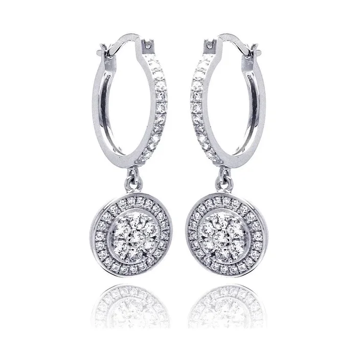 Pendientes de aro colgantes de alambre con circonita cúbica redonda transparente y micropavé chapados en rodio de plata 925 – ACE00059