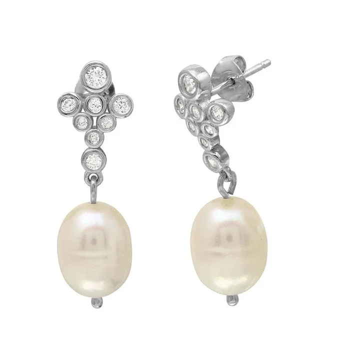 Pendientes de botón de burbuja de plata de ley 925 rodiada con perlas de agua dulce colgantes – BGE00512