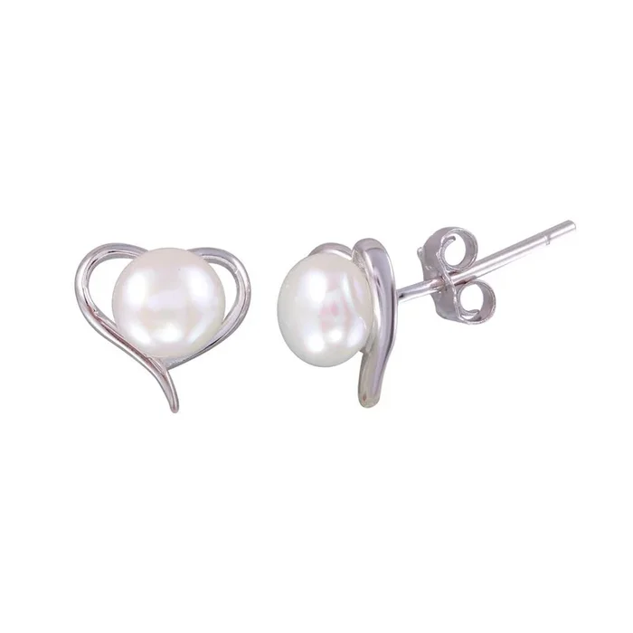 Pendientes de botón de corazón con perla sintética y baño de rodio en plata de ley 925 – BGE00627
