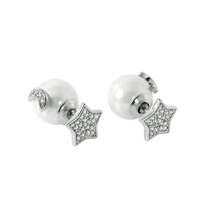 Pendientes de plata 925 chapados en rodio con forma de estrella y luna – STE00983