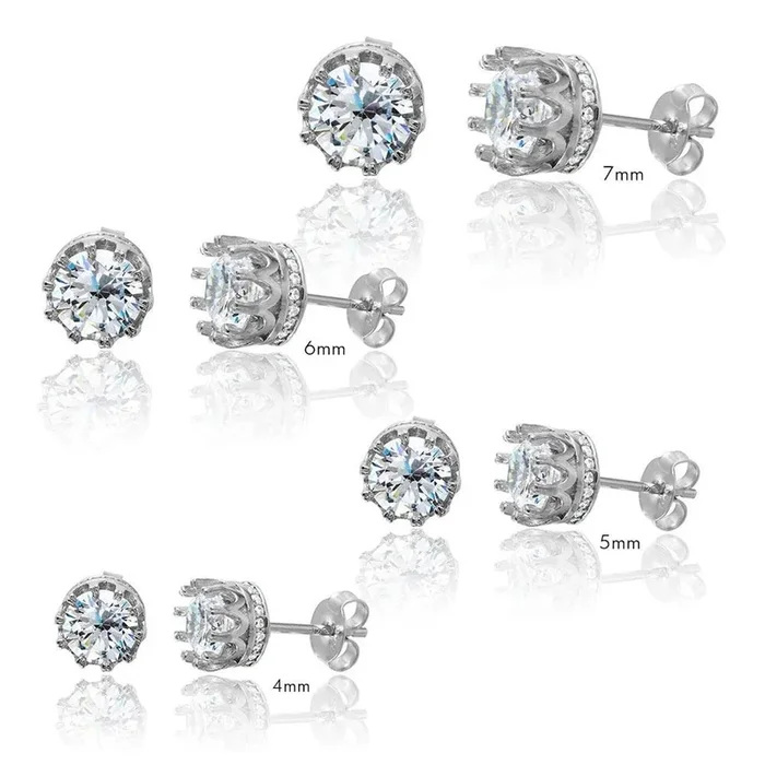 Pendientes de plata de ley 925 rodiada con circonitas transparentes y corona redonda – AAE00011