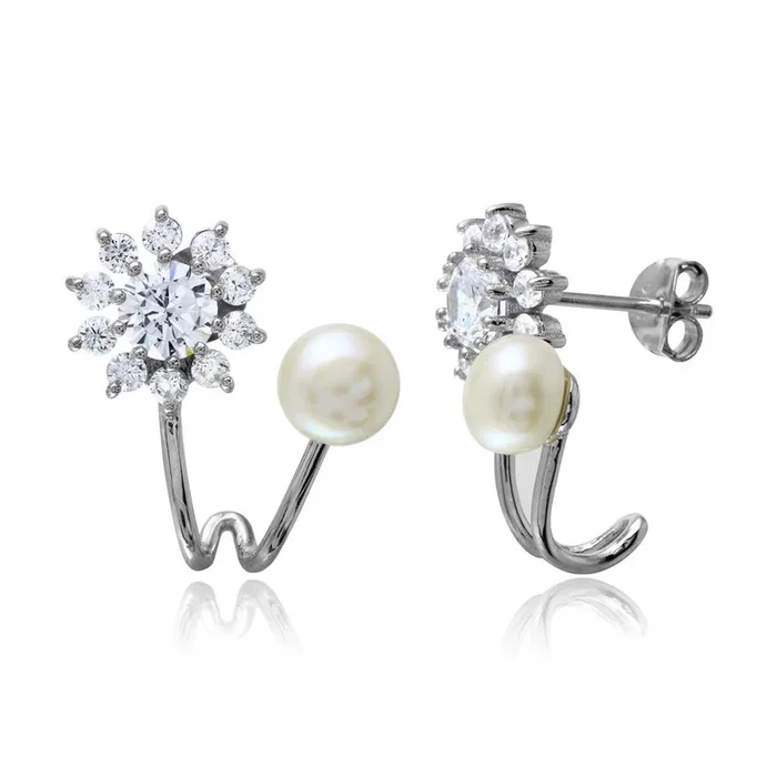 Pendientes de plata de ley 925 rodiada con circonitas y perlas de agua dulce – BGE00508