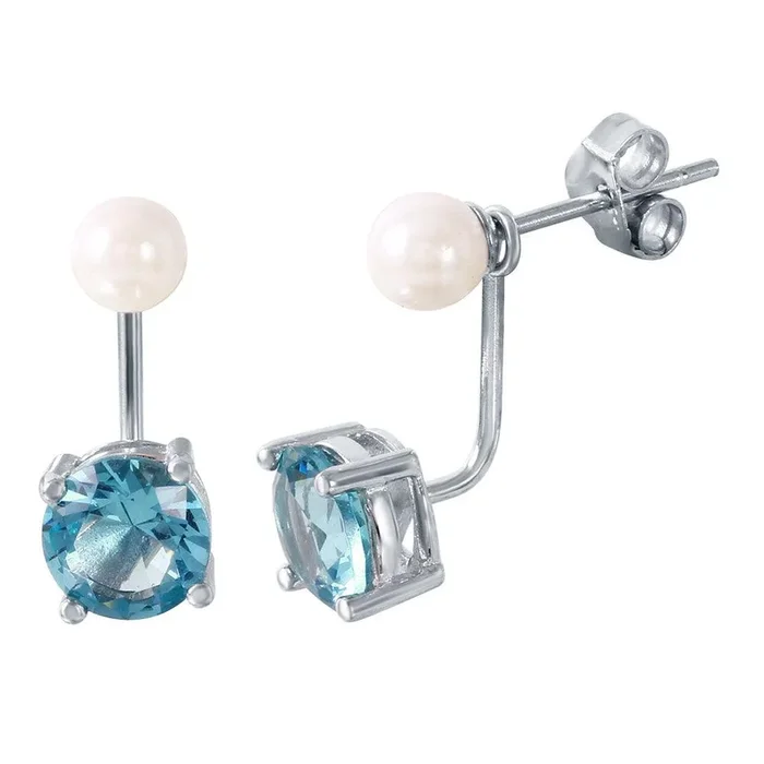 Pendientes de plata de ley 925 rodiada con perla azul claro (parte delantera y trasera) – STE00990MAR