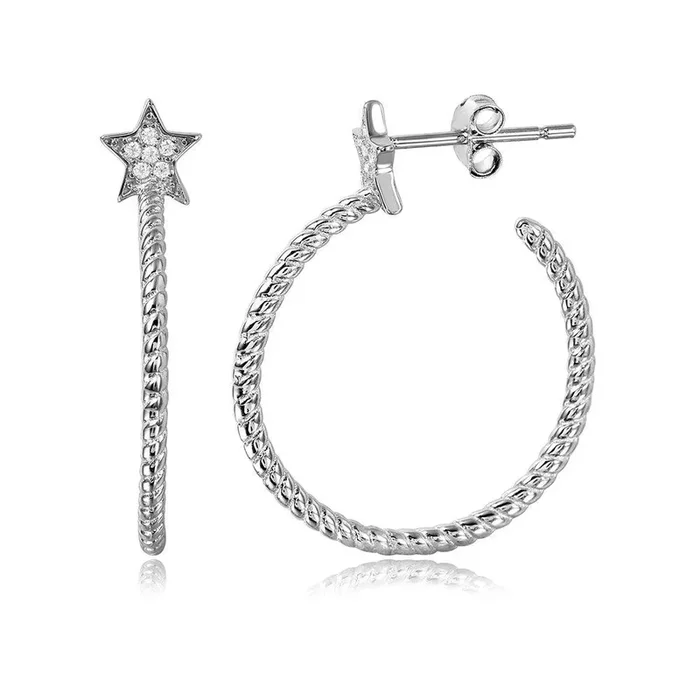 Pendientes de semi aro con diseño de cuerda chapada en rodio de plata 925 en una estrella de circonita cúbica – STE01058