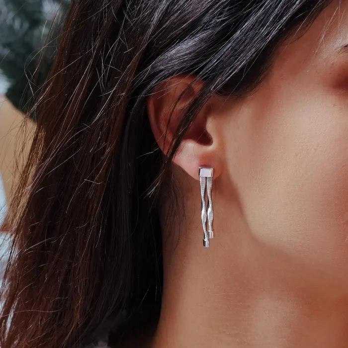 Pendientes largos colgantes de plata 925 chapada en rodio con doble rotura – ECE004RH