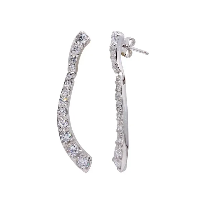 Pendientes largos y finos con curvas y circonitas chapadas en rodio de plata 925 – STE00027