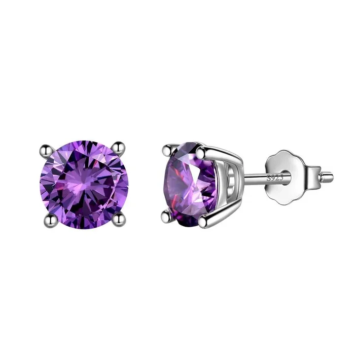 Pendientes redondos de amatista con piedra natal de febrero, joyería para mujeres y niñas, regalo de cumpleaños, plata de ley
