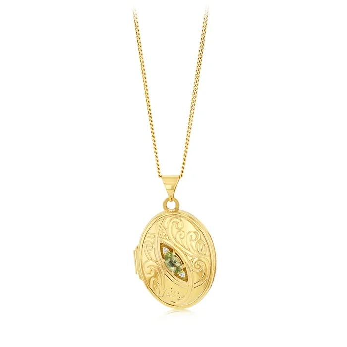 Peridot & Diamond Oval Locket in 9ct Yellow Gold