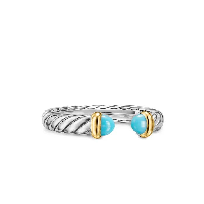 Petite Cable Open Ring in Sterling Silver with 14K Yellow Gold and Turquoise, 3.4mm