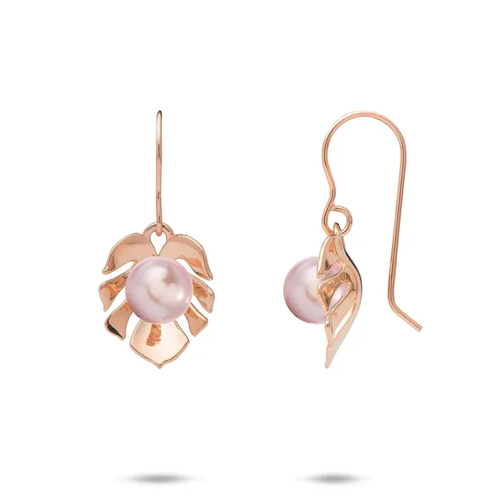 Pick A Pearl Monstera Earrings in Rose Gold – 15mm