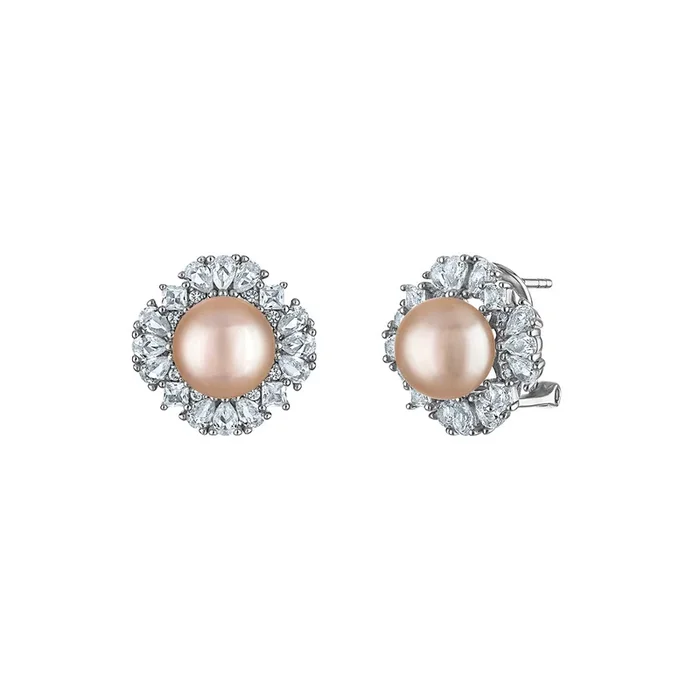 Pink Pearl and White Sapphire Earrings in Sterling Silver