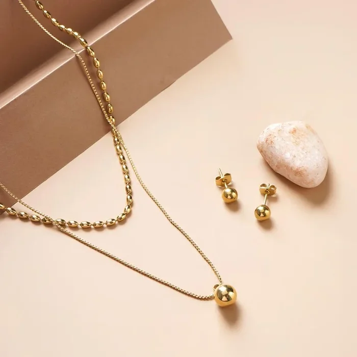 Plain Ball Stud Earrings & Two-Layered Bead Necklace Combo Set