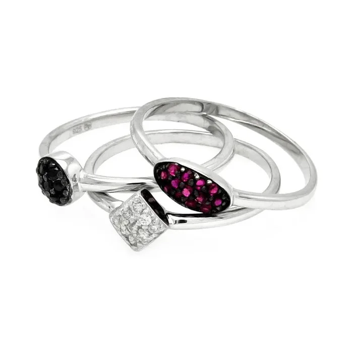 Plata 925 rodio y rodio negro plateado claro negro púrpura pavé conjunto de anillos CZ – STR00899