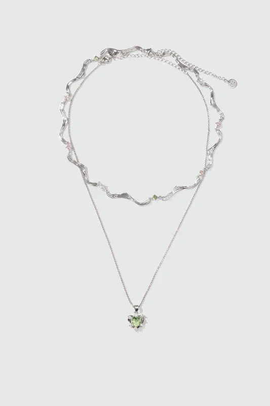 Platinum Plated Heart Waves Layer Necklace