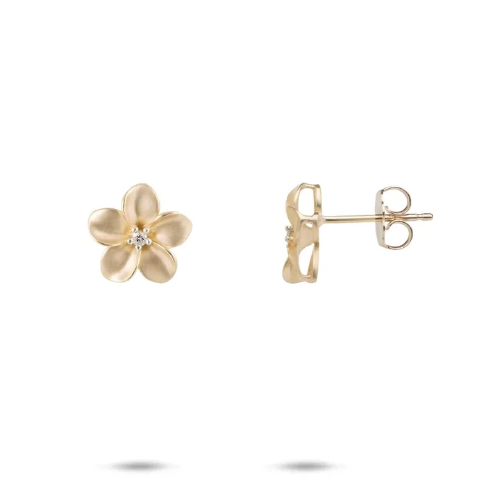 Plumeria Earrings in Gold with Diamonds – 11mm