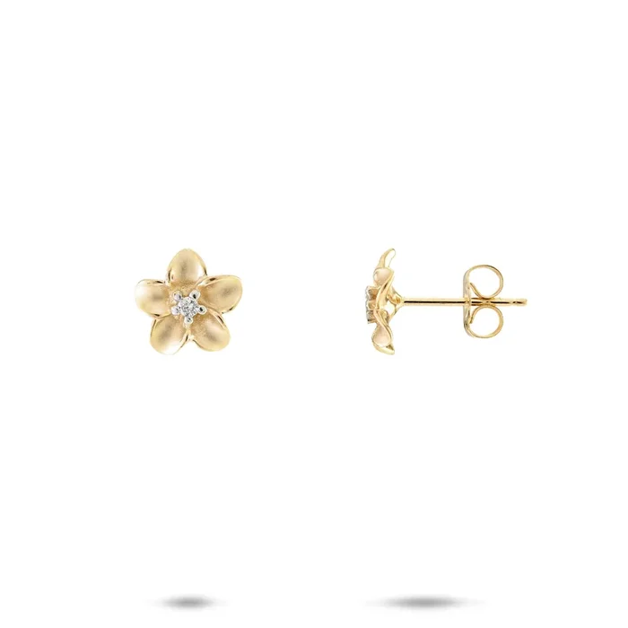 Plumeria Earrings in Gold with Diamonds – 9mm