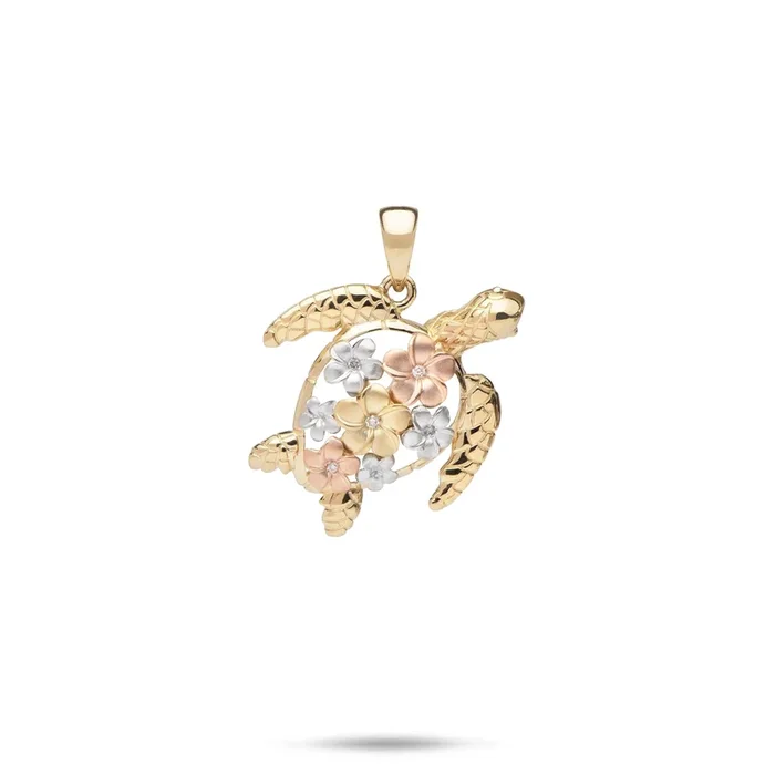 Plumeria Honu (Turtle) Pendant in Tri Color Gold with Diamonds – 18mm