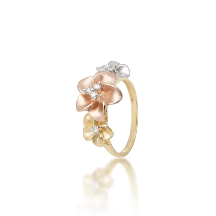 Plumeria Ring in Tri Color Gold with Diamonds – 12mm
