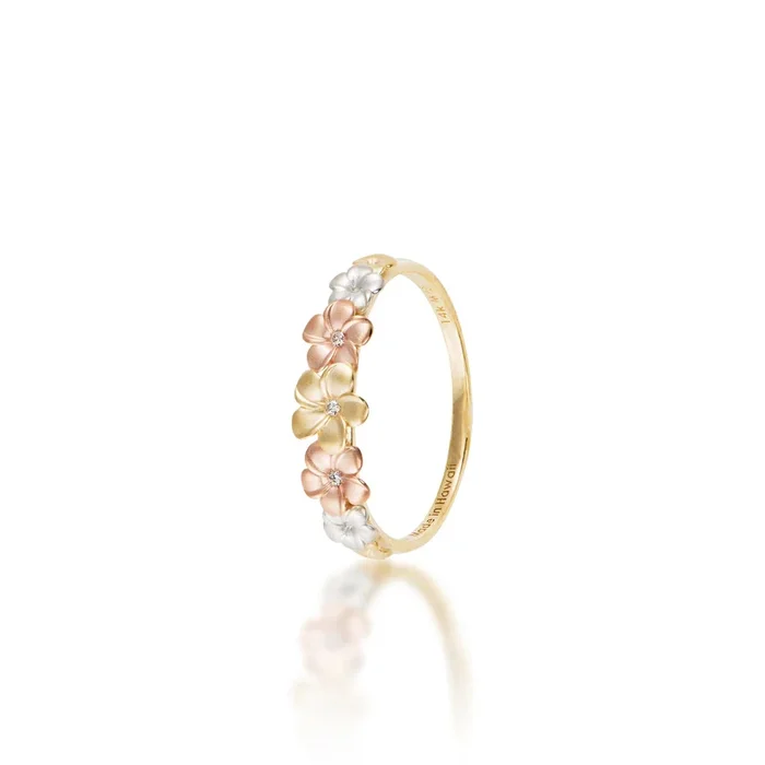 Plumeria Ring in Tri Color Gold with Diamonds – 6mm