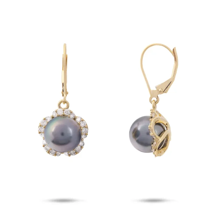 Plumeria Tahitian Black Pearl Earrings in Gold with Diamonds – 9-10mm