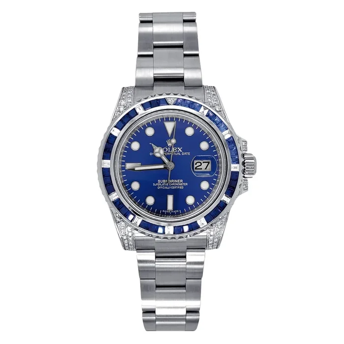 Pre-Owned Rolex Submariner 41MM Diamond and Blue Sapphire Accent Dial Stainless Steel Oyster Bracelet. 116610