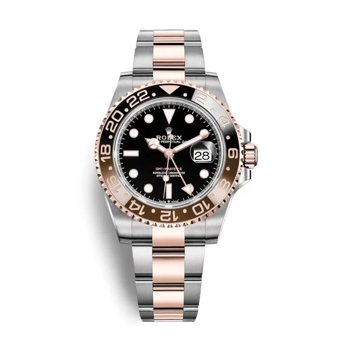 Pre-Owned Rolex Two-Tone Steel & 18K Everose Gold GMT-Master II with 40X40 MM Black Round Dial. ROOT BEER