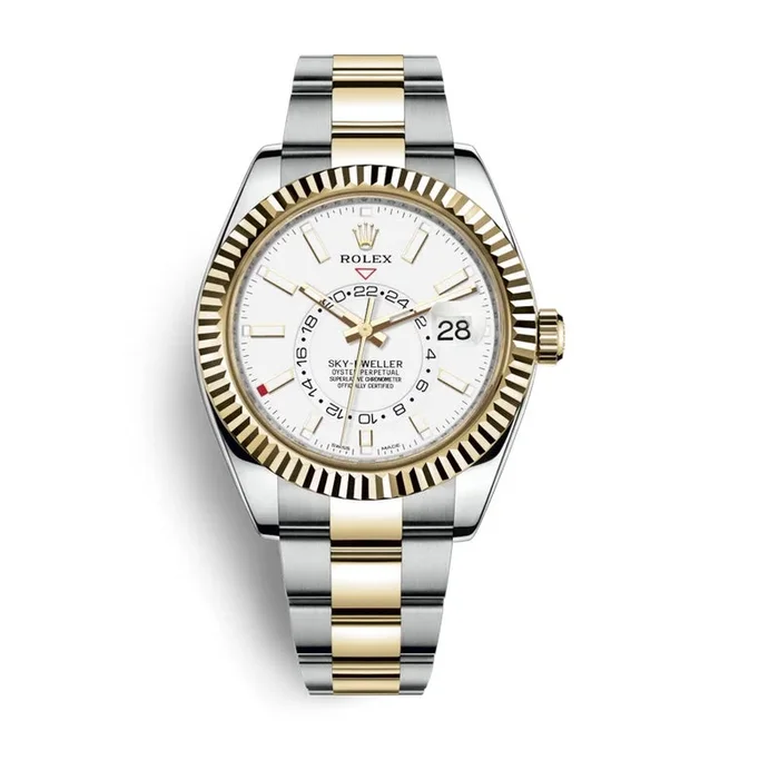 Pre-Owned Rolex Two-Tone Steel & 18K Yellow Gold Sky-Dweller Oyster Perpetual with 42X42 MM White Round Dial. 326933.2