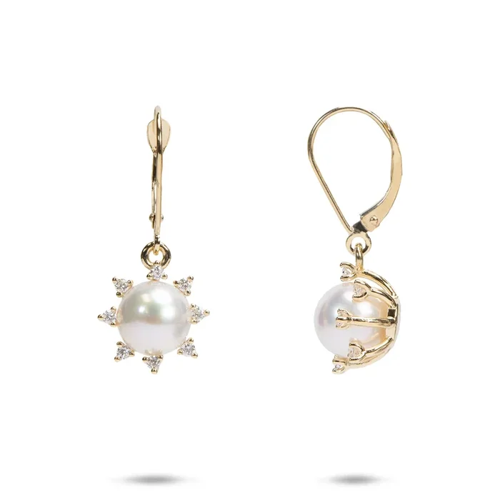 Protea Akoya White Pearl Earrings in Gold with Diamonds – 8mm