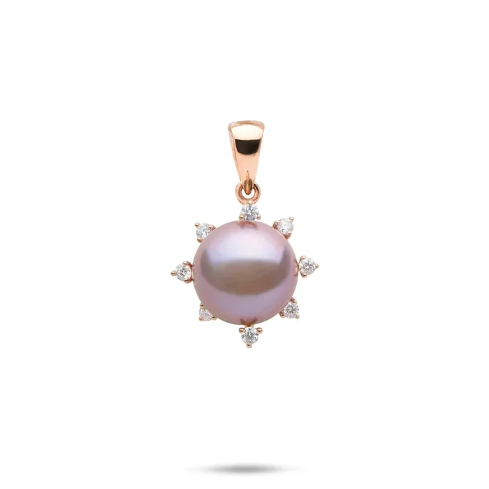 Protea Lilac Freshwater Pearl Pendant in Rose Gold with Diamonds – 11-12mm
