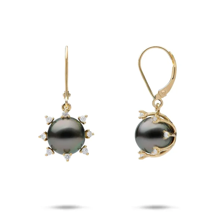 Protea Tahitian Black Pearl Earrings in Gold with Diamonds – 9-10mm