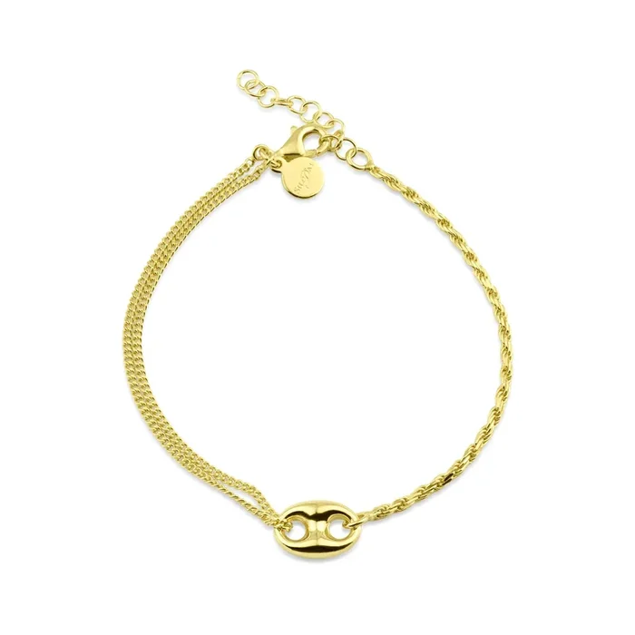 Pulsera ajustable de doble vuelta con dije marinero abullonado en plata de ley 925 bañada en oro – ITB00330-GP