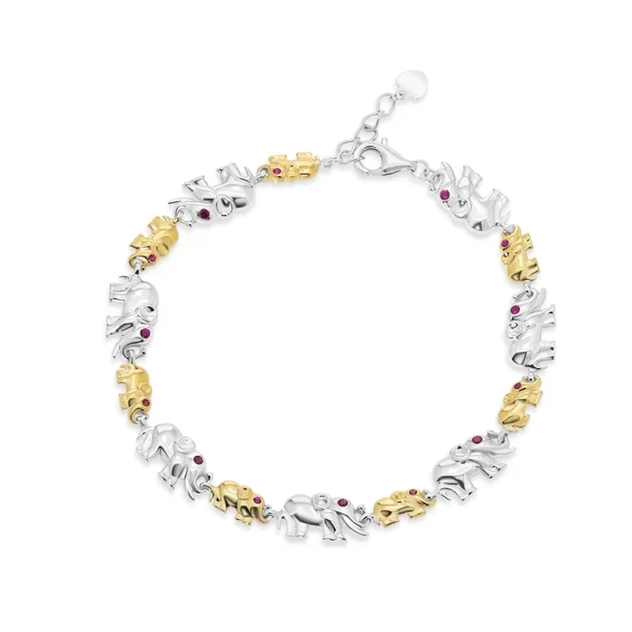 Pulsera ajustable de plata de ley 925 con baño bicolor, con elefantes grandes y pequeños alternados, circonitas transparentes y rojo rubí – GMB00155RG