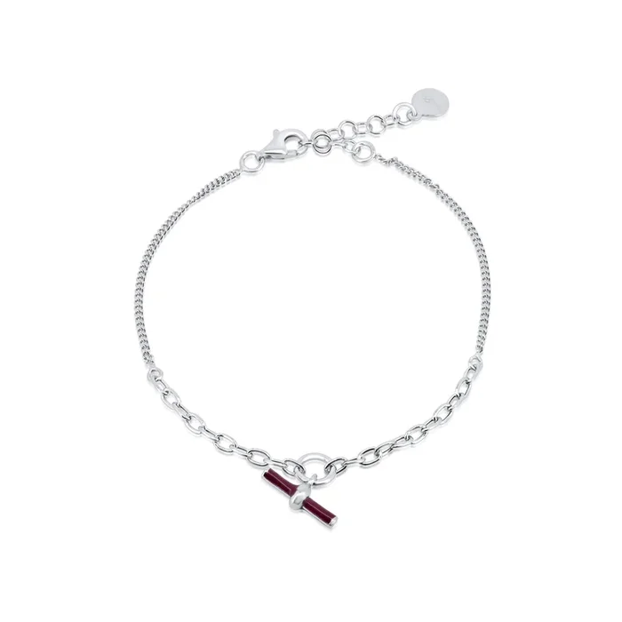 Pulsera ajustable de plata de ley 925 rodiada con eslabones curvos y barra de esmalte rojo – ITB00338-RH
