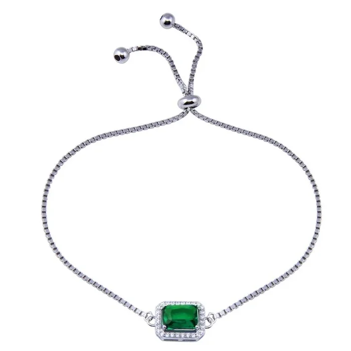 Pulsera ajustable rectangular de plata de ley 925 rodiada con circonitas verdes y transparentes – STB00615-GREEN
