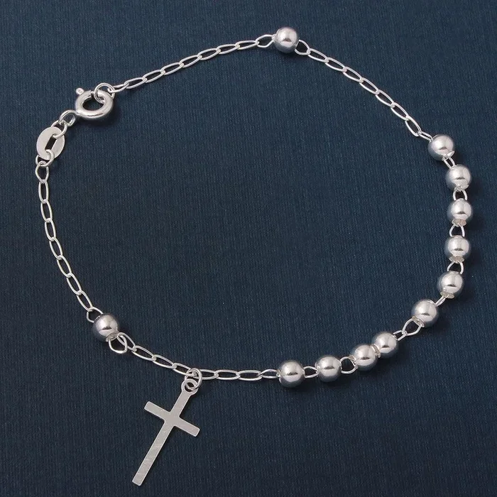 Pulsera con dije de cruz de plata de ley 925 pulida de 4 mm – ROSB08-4MM