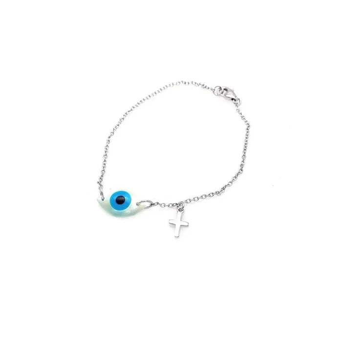 Pulsera con dije de cruz y mal de ojo chapado en rodio de plata 925 – STB00406