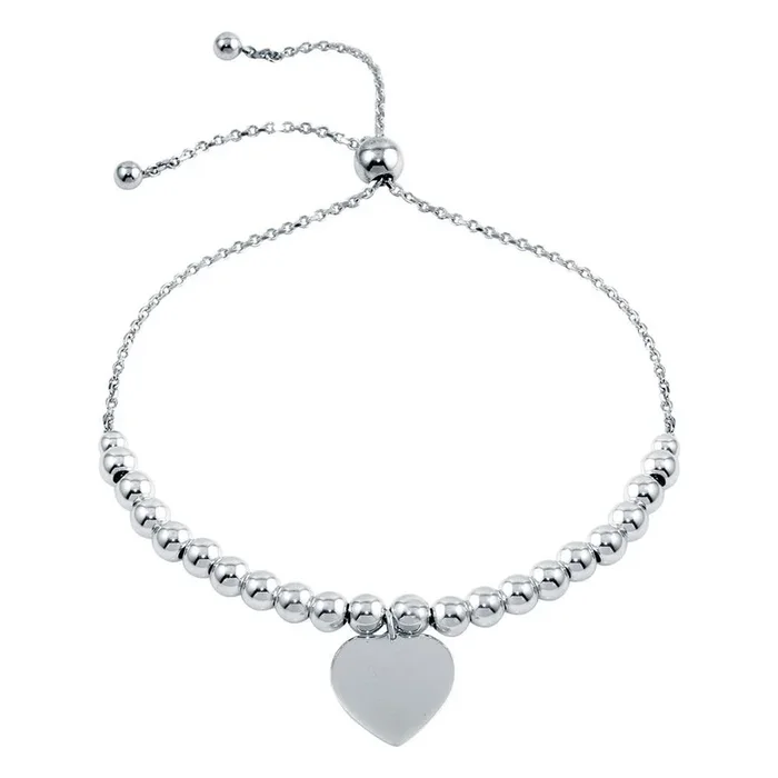 Pulsera de corazón con cuentas grabables en plata de ley 925 rodiada – DIB00064RH