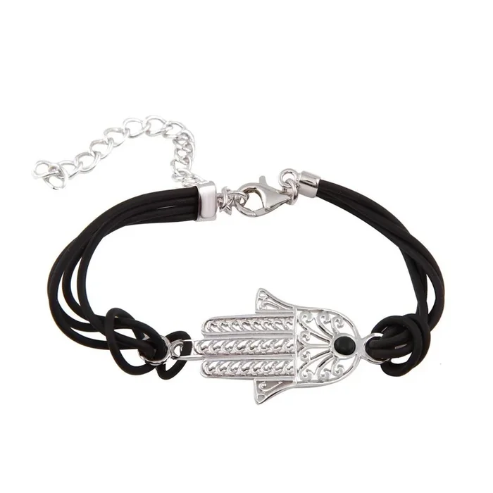 Pulsera de cordón negro Hamsa de filigrana chapada en rodio de plata 925 – STB00357